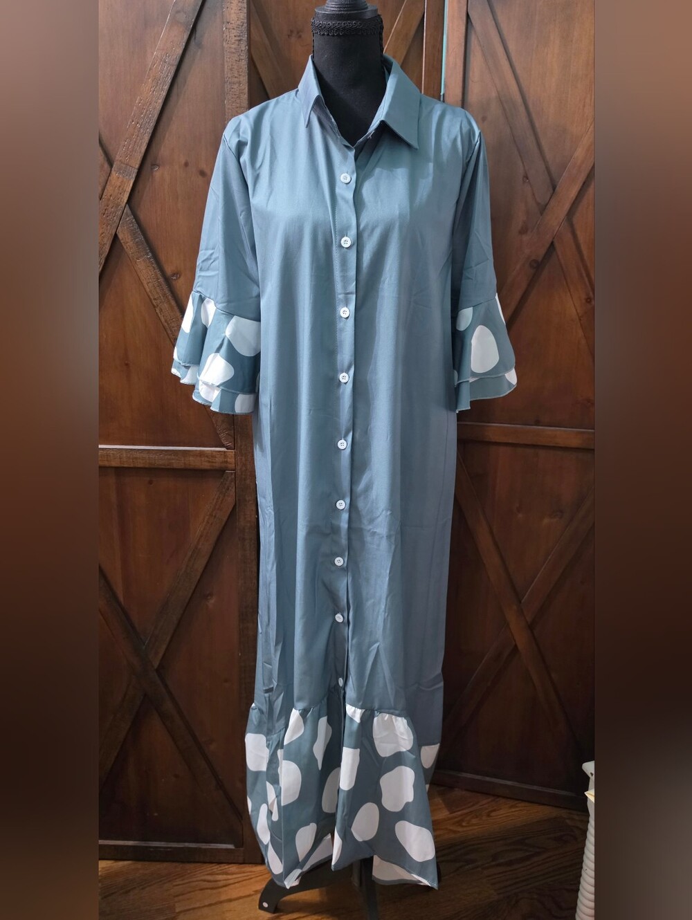 Light Blue Maxi Dress with Polka-Dot Ruffle Hem and Sleeves
